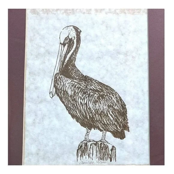 Silk Screening of Pelican Signed Art Caroline Zaffery Framed 14X16Beach Nautical